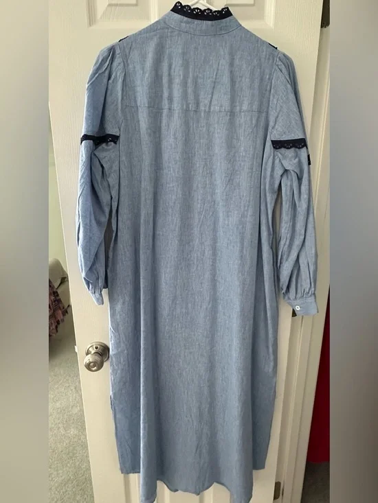 Pomander Place Tuckernuck Button-Front Long Sleeve Dress with Navy Lace Trim - Picture 2 of 3